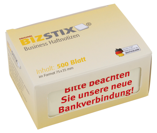 BIZSTIX® Business Haftnotizen "Bitte beachten Sie unsere neue Bankverbindung!"