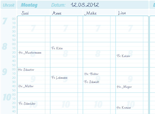 Terminplaner mit 4 Spalten im 20 Minuten-Takt