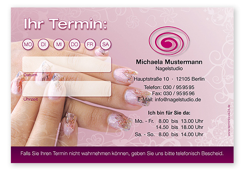 Terminzettel "Nail Art" - 1 Termin mit Wochentagen