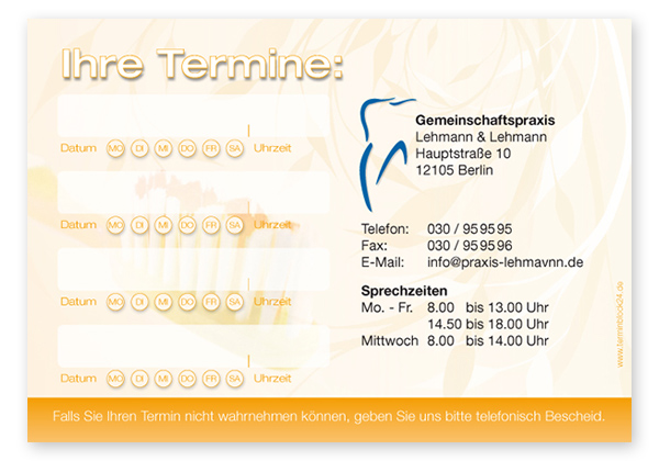 Terminzettel "Zahnbürste" - 4 Termine mit Wochentagen