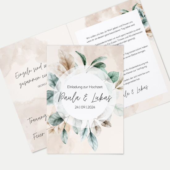 Klappkarte DIN A6 im Hochformat -Aquarell "leaf & taupe" - KKH-24001-A-02
