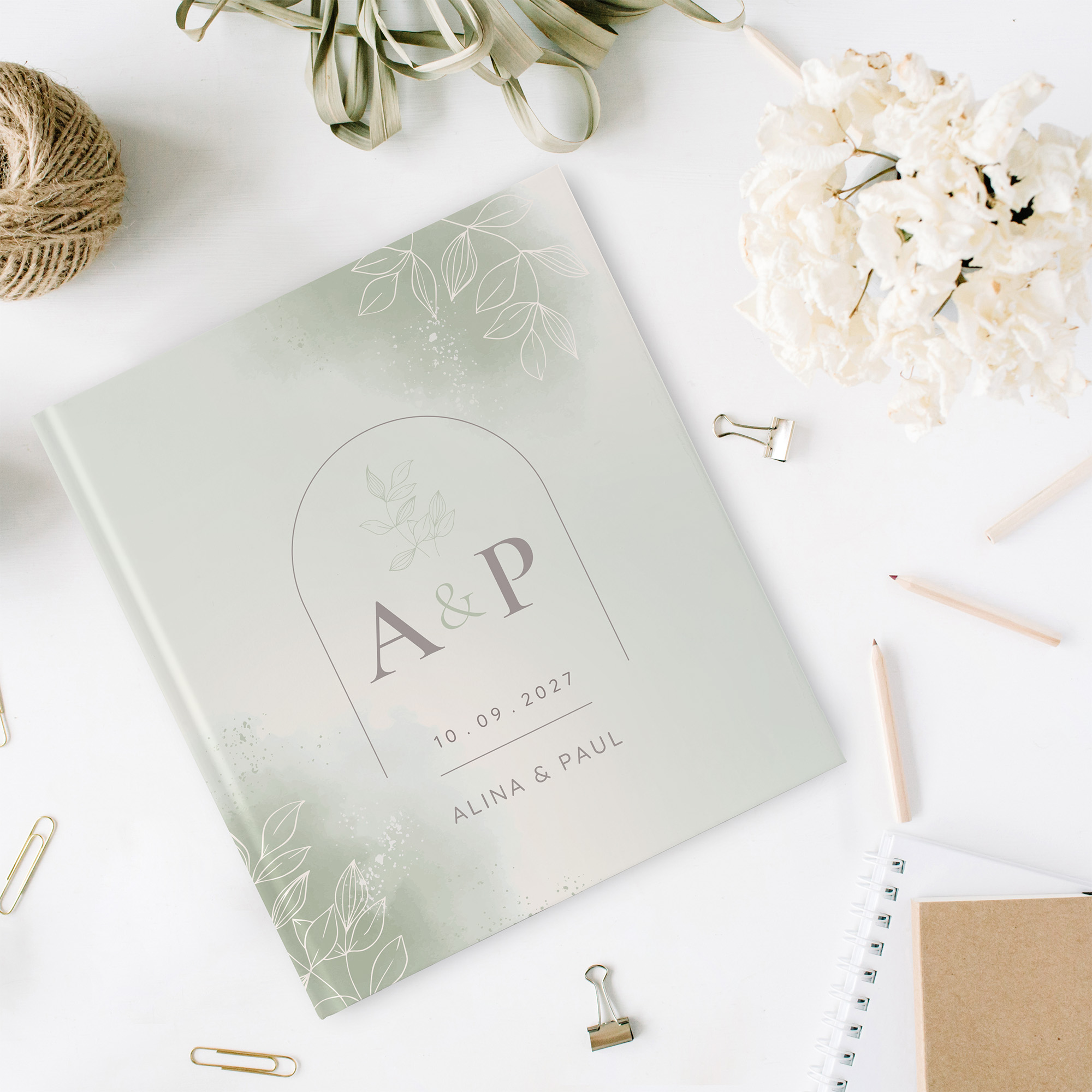 Erinnerungsbuch Hochzeit - Aquarell "faded green"