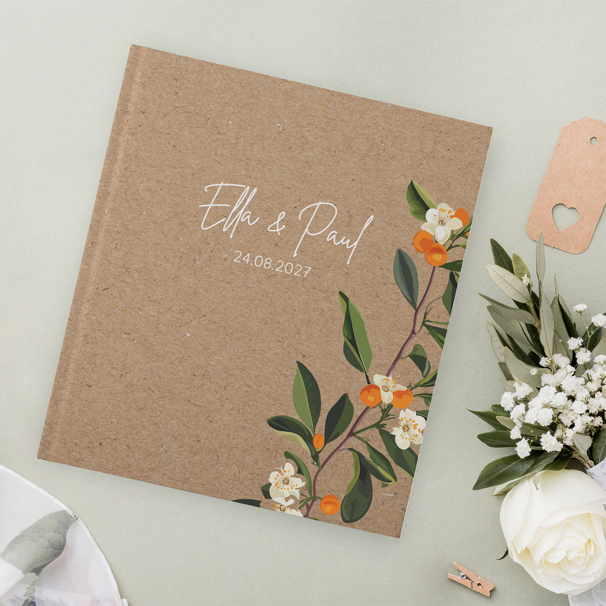 Gästebuch Hochzeit - Greenery "orange craft"